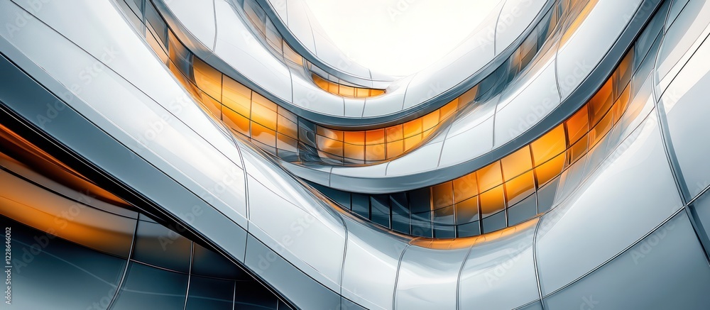 Poster abstract modern architecture with curved lines and glowing windows.