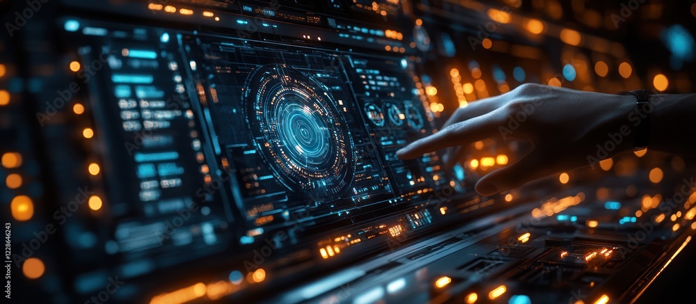 Aufkleber futuristic interface with hand interacting with glowing digital display.