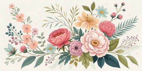 A Delicate Arrangement of Pastel Blossoms and Lush Greenery, Featuring a Variety of Floral Forms and Textures