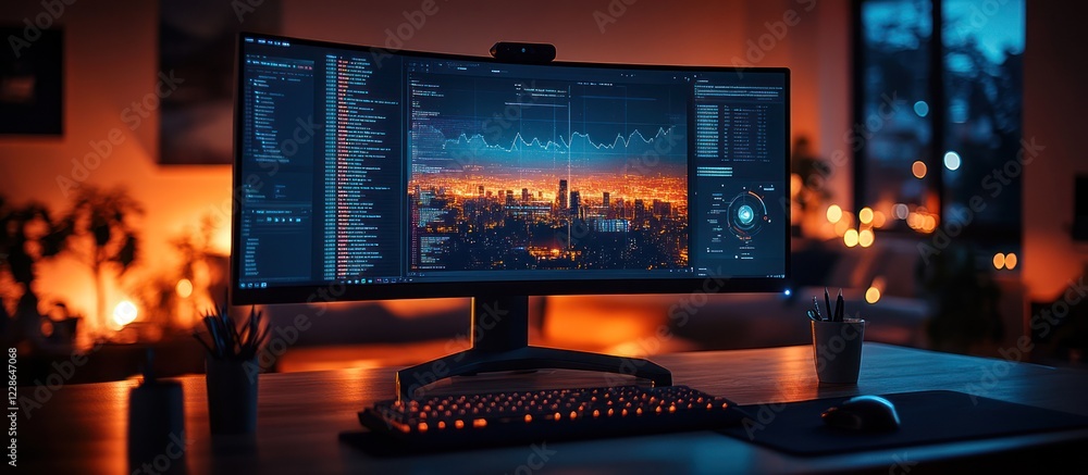 Poster night cityscape view on a computer screen, with keyboard and mouse.
