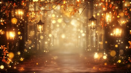Naklejka premium Enchanting Autumn Forest Path with Lanterns