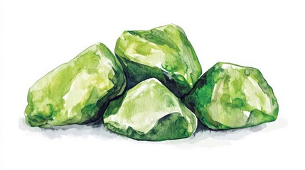 A vibrant watercolor illustration of four green stones arranged artistically on a white background