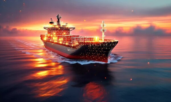 A digitally rendered cargo ship illuminated by a sunset, showcasing a futuristic design.