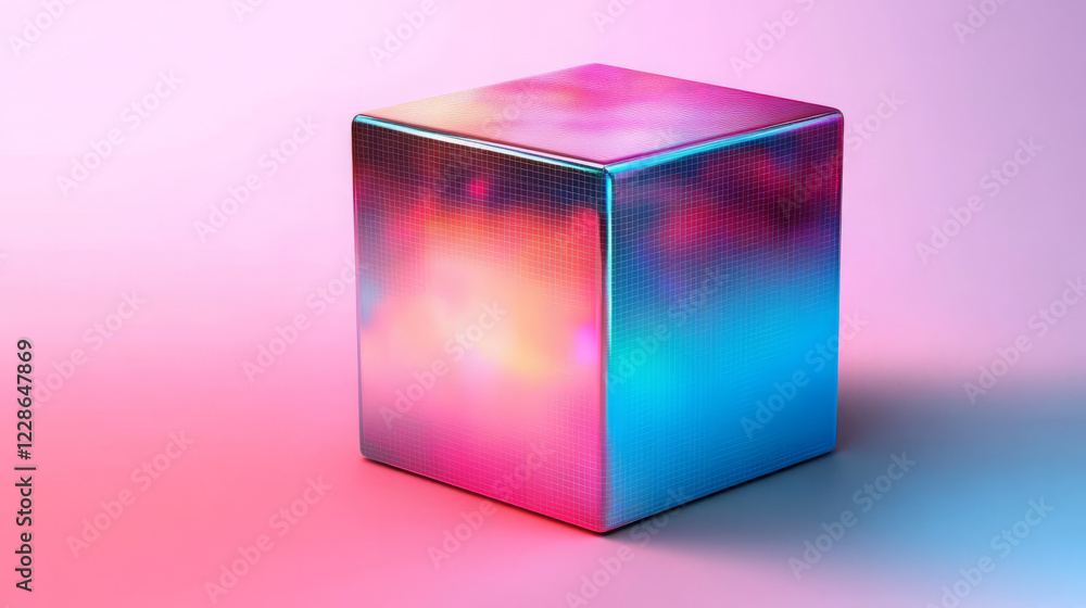 Poster iridescent cube with gradient colors on pink background