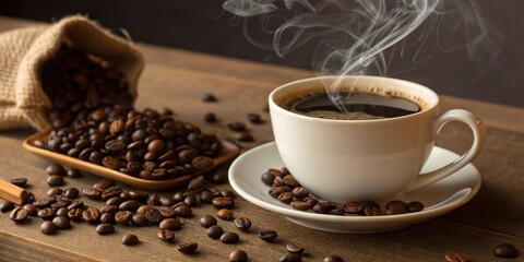 Aromatic steam rises from a cup of freshly brewed coffee, surrounded by roasted beans spilled from a burlap sack.