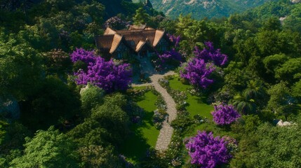 Enchanting Cottage Amidst Purple Blossoms and Lush Greenery