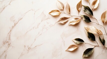 Elegant Golden and Green Leaves on Marble Background