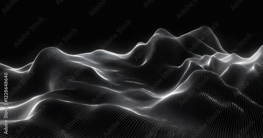 Aufkleber abstract fluid wave pattern background in black and white with glowing digital particles