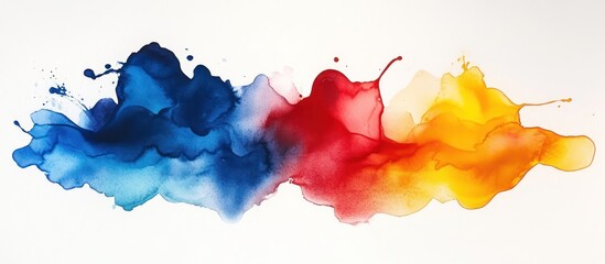 Abstract watercolor painting of blue, red, and yellow paint splatters on white background.