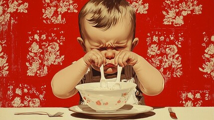 Baby refusing cereal, red floral wallpaper, vintage style, food advertising