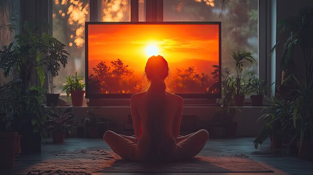 A woman in a yoga pose with a sunset on the TV screen in front of her.