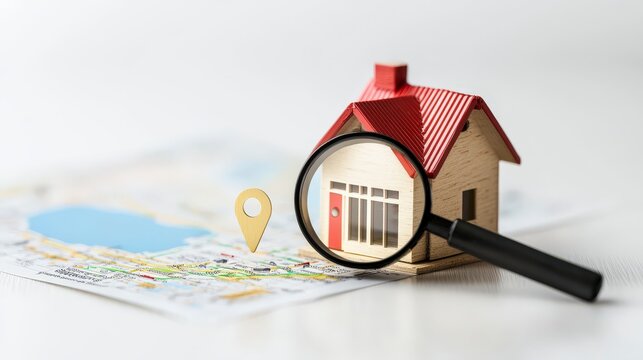 Miniature house model with magnifying glass over map showing location pin for real estate exploration and investment opportunities