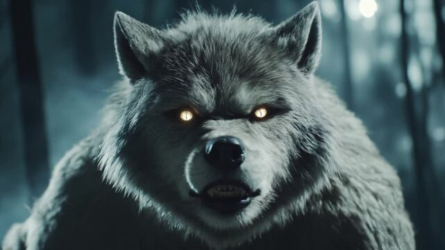Werewolf in the Dark Forest: A menacing werewolf with glowing eyes, its fur thick and wild, emerges from the shadows of a dark forest. The image evokes a sense of mystery and primal fear. 
