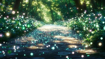 Enchanting Firefly Path Through Magical Forest