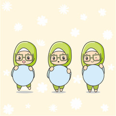 Three Cute light Green Hijab Moslem girl with glasses hold blank space sign board banner chibi kawaii character 