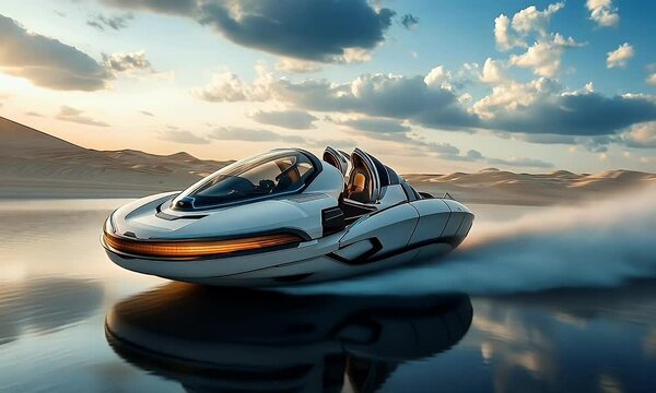 Futuristic hovercraft speeds across desert lake sunset