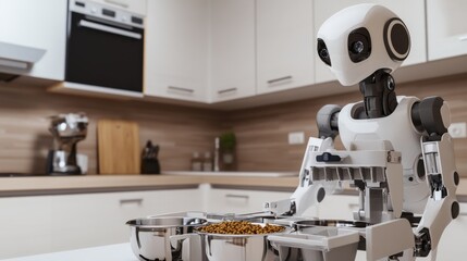 A humanoid robot setting up a pet feeding station with bowls and food in a clean kitchen, focusing on organization and care, Practical style