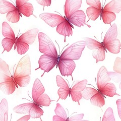 Watercolor Pattern of Pink Butterflies on White Background Hand Drawn Vintage Illustration