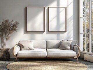 Minimalist Living Room with Gray Sofa and Empty Picture Frames in Scandinavian Design Style