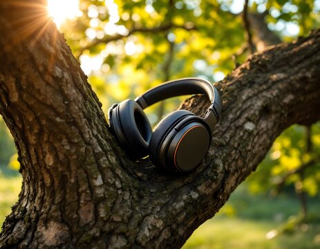 Wireless Headphones in Peaceful Nature Sunset Scene - Powered by Adobe