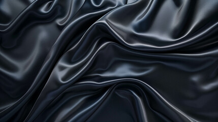 A close-up of luxurious black satin fabric with smooth, flowing folds and a glossy sheen, creating a sense of depth and elegance