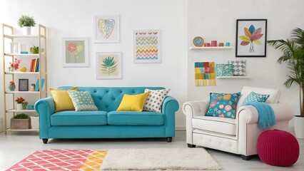 colorful pillows with white sofa, Vivid colorful living room interior with blue turquoise sofa and mockup posters on white
