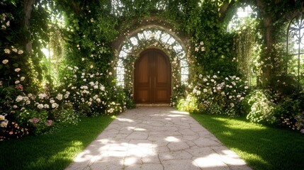 Fototapeta premium Enchanting Garden Entrance with Wooden Door and Floral Arch