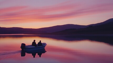 Sunset lake boating, two men, tranquil mountains, peaceful evening