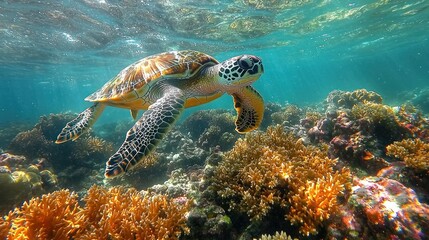 Obraz premium Sea Turtle Gracefully Swimming in Vibrant Coral Reef