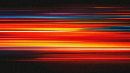 Abstract blurred background with colorful stripes of light on dark orange and black, horizontal lines with gradient effect, glowing and flowing in motion.