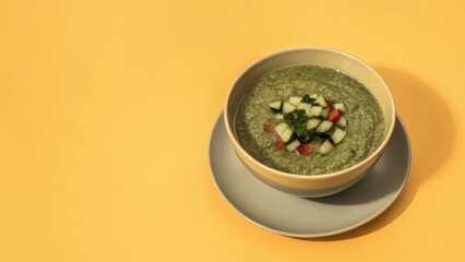 A refreshing bowl of vibrant green chilled soup, garnished with fresh cucumber and tomato, served on a subtle grey saucer against a sunny yellow backdrop.