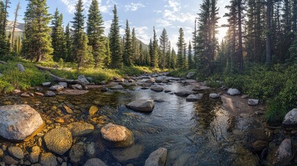 Mountain stream flows through pine forest at sunset; nature background