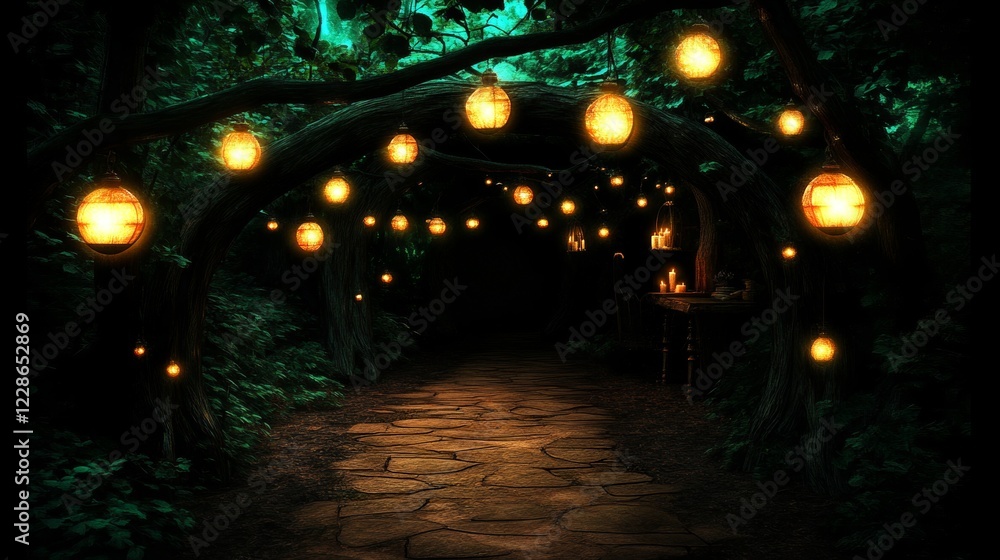 Poster enchanting illuminated forest path with lanterns