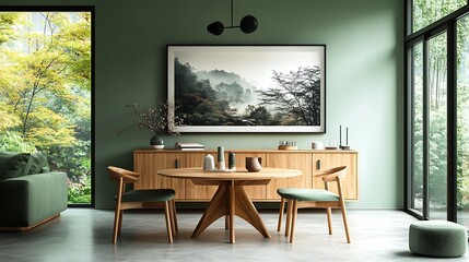Mint color chairs at round wooden dining table in room with sofa and cabinet near green wall. Scandinavian, mid-century home interior design of modern living room.
