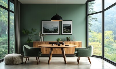 Fototapeta premium Mint color chairs at round wooden dining table in room with sofa and cabinet near green wall. Scandinavian, mid-century home interior design of modern living room. 