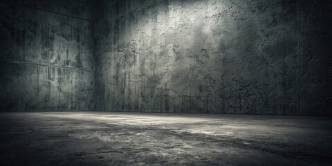 Dark, grunge corner with textured concrete walls and floor, illuminated by a single light source