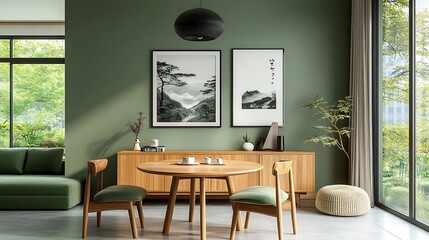 Mint color chairs at round wooden dining table in room with sofa and cabinet near green wall. Scandinavian, mid-century home interior design of modern living room.
