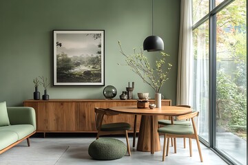 Mint color chairs at round wooden dining table in room with sofa and cabinet near green wall. Scandinavian, mid-century home interior design of modern living room.
