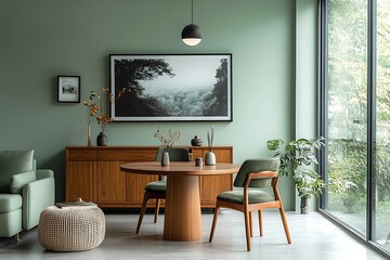 Mint color chairs at round wooden dining table in room with sofa and cabinet near green wall. Scandinavian, mid-century home interior design of modern living room.
