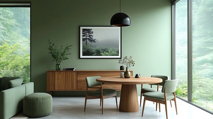 Mint color chairs at round wooden dining table in room with sofa and cabinet near green wall. Scandinavian, mid-century home interior design of modern living room.
