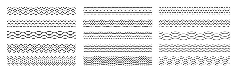 Waves line set. Wave ornament pattern. Set of wavy zigzag lines. Wave thin line background. Vector zigzag and wavy horizontal underline. Vector illustration