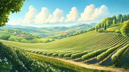 Fototapeta premium Sunny vineyard hills, blooming vines, village background, idyllic landscape
