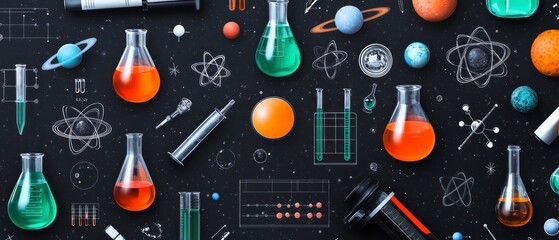 Science  Space  Lab  Seamless Pattern of Erlenmeyer Flasks  Atoms  Planets
