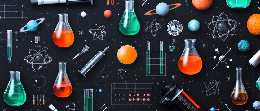 Science  Space  Lab  Seamless Pattern of Erlenmeyer Flasks  Atoms  Planets