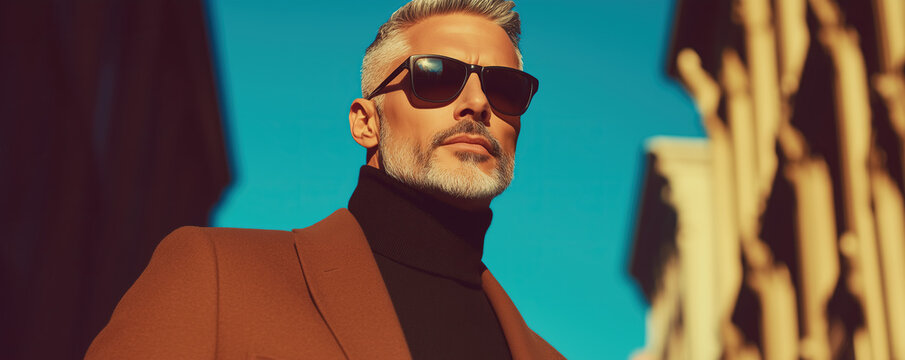 High fashion concept. Portrait of fashionable mature male model walking in luxurious clothing among Paris buildings. Luxury brands campaign style. Banner. Text space. Outdoor shot