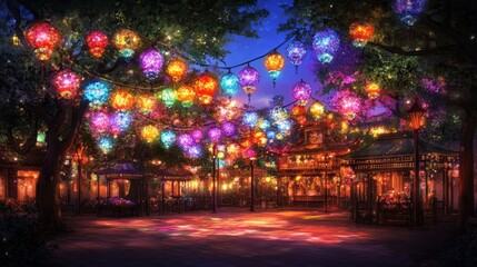 Enchanting Night Market Lanterns Illuminate Festive Street