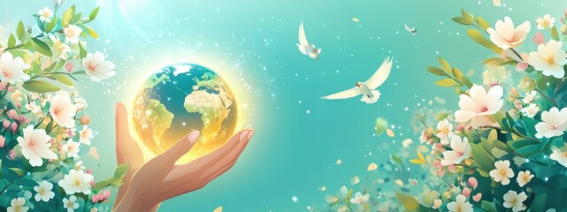 Glowing Earth Held in Hands Surrounded by Blossoming Flowers and Doves a Symbol of Peace and Environmental Care