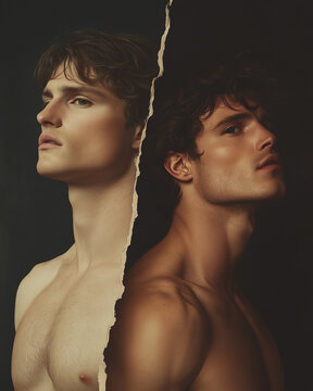 Renaissance eternal beauty concept. Creative collage of the handsome young men over black background, using mix of different techniques. Close up portrait. Avant-garde postcard, poster style