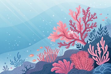 Obraz premium Vibrant Underwater Scene Featuring Colorful Coral Reefs and Marine Life in a Serene Ocean Environment with Sunlight Filtering Through Water