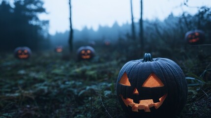Spooky Halloween Pumpkins in Dark Forest Night